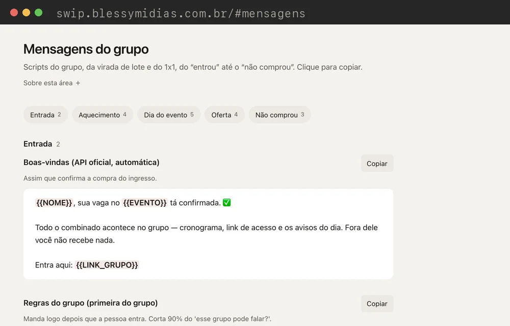 Mensagens do grupo prontas pra copiar, da entrada ao não comprou.