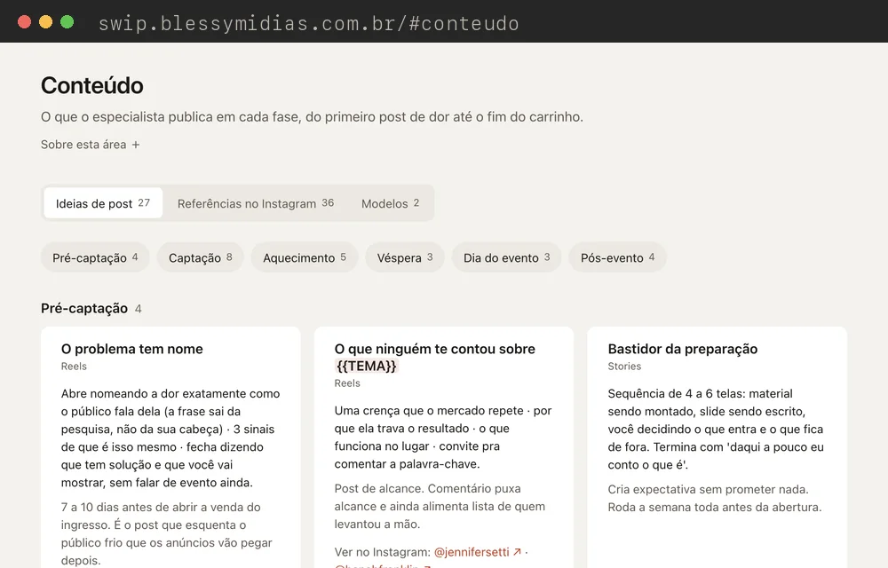 Biblioteca de conteúdo com ideias de post por fase do lançamento e referências do Instagram.