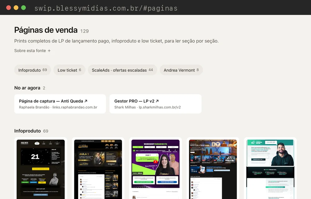 Área de páginas de venda do acervo, com páginas de infoproduto, low ticket e ofertas escaladas.