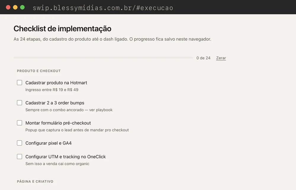 Checklist de implementação com as 24 etapas do lançamento pago, do cadastro do produto ao dash ligado.